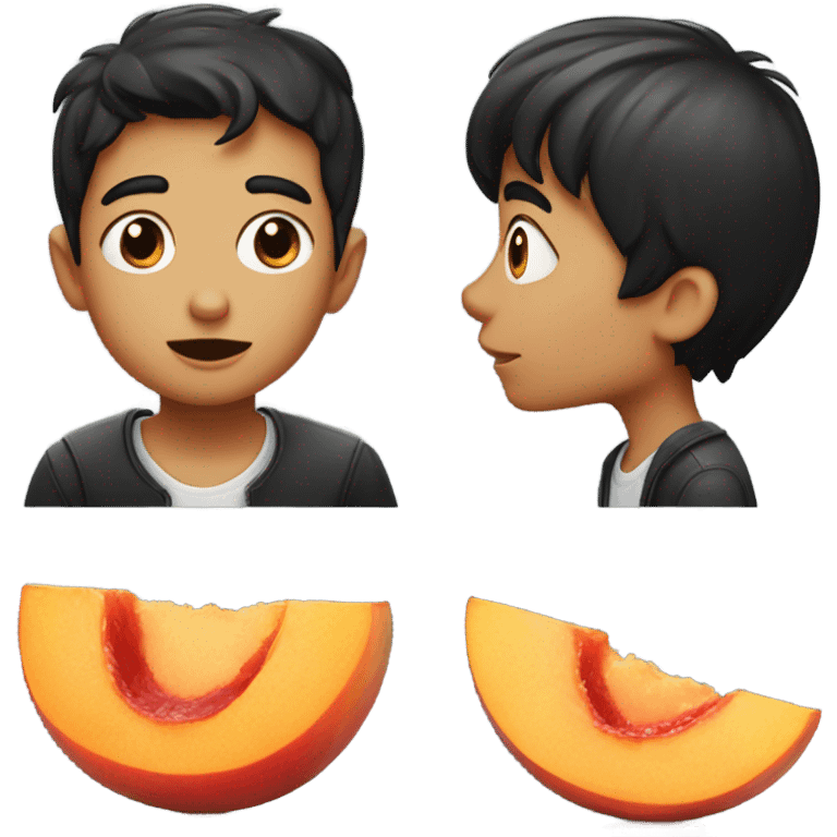 black haired boy kissing a giant peach emoji