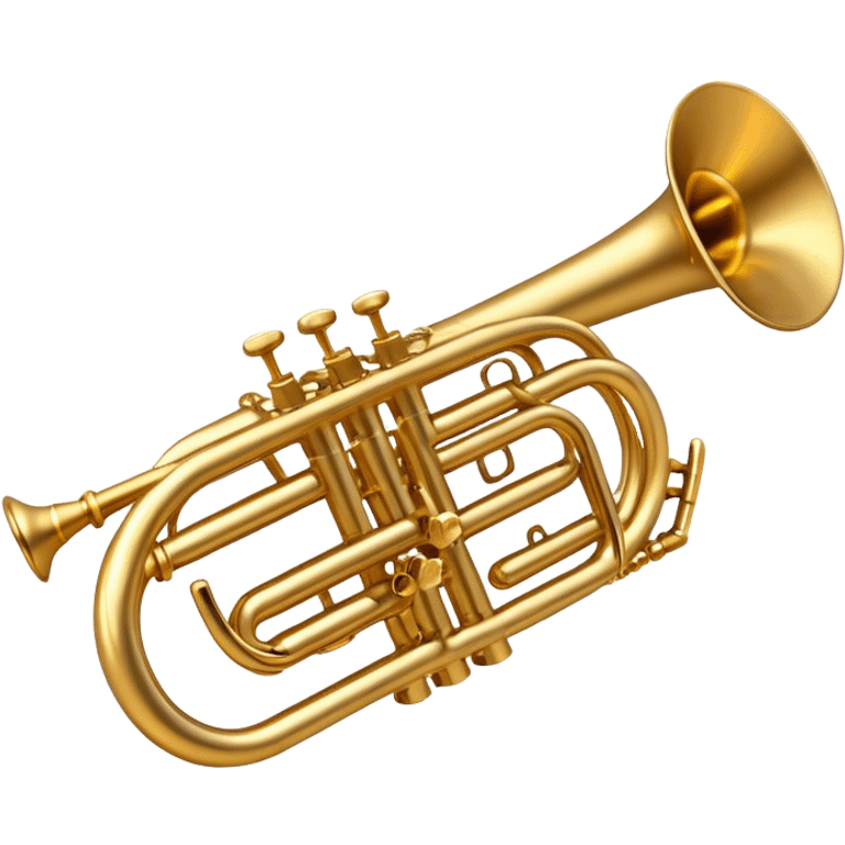 Cinematic Realistic Trumpet, polished brass with warm golden reflections, intricate valve details subtly highlighted, soft hands pressing the keys, glowing with bold and triumphant musical energy. emoji