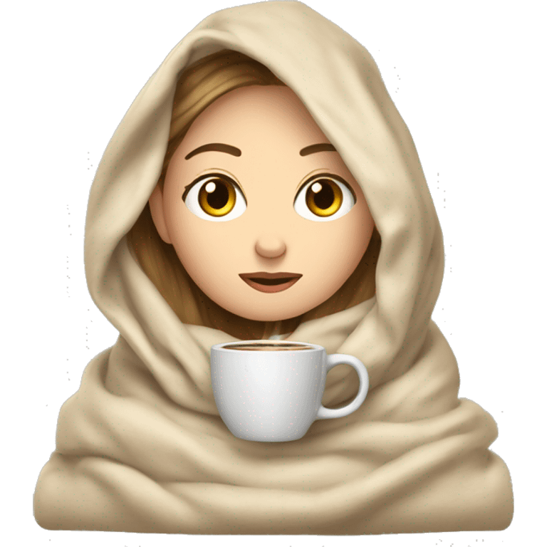 white girl inside a blanket sipping coffee eyes closed emoji