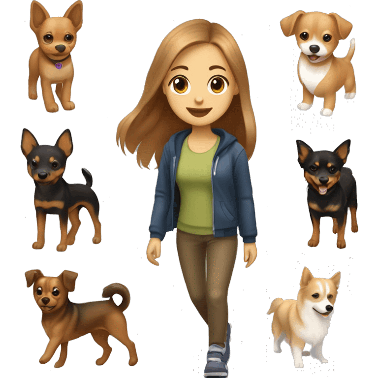 A light brown haired girl, walking a miniature Pinscher and a light brown Finnish lapphund emoji