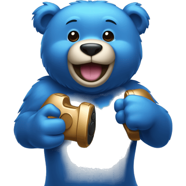 A blue colored bear who’s very happy and holding a ps5 controller in one hand and giving a fist bump with the other.  emoji