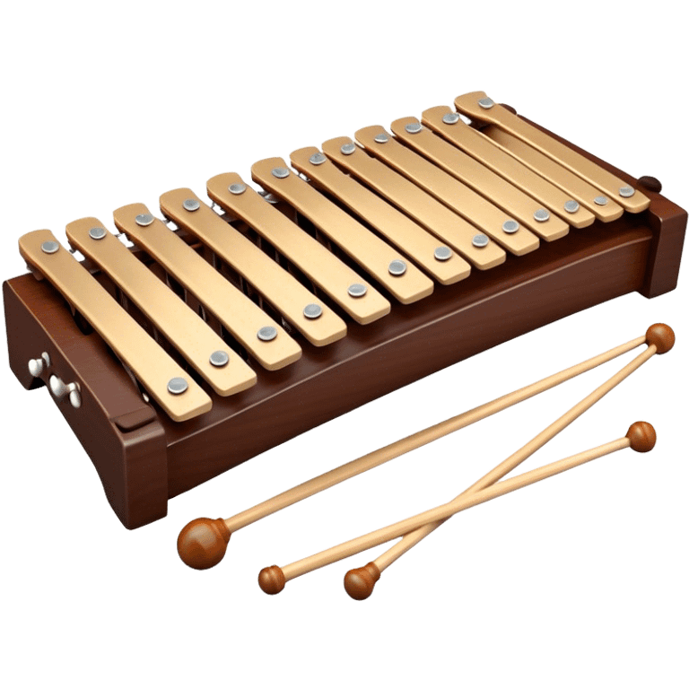 Create a detailed and professional emoji representing a Fleet FLT-SX37 orchestral wooden xylophone. The design should showcase the large, wooden bars of the xylophone arranged in a traditional layout, with a polished, smooth finish. The bars should be dark brown or mahogany, with soft metallic reflections on the resonators underneath. Include two mallets with rubber or wooden heads resting on the bars, emphasizing their role in striking the notes. The xylophone should have a sophisticated and professional appearance, with clean lines and a polished look. Add subtle musical notes or sound waves to represent the vibrant sound produced by the instrument. The background should be transparent. emoji