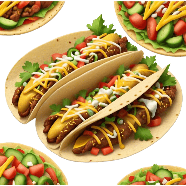 Cinematic vibrant tacos, warm soft shells filled with flavorful meats, fresh vegetables, cheese, and zesty salsa, colorful and lively, ultra-detailed and appetizing. emoji