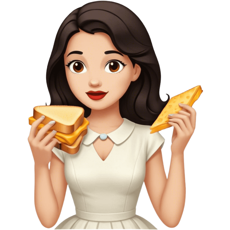 Beautiful woman in 1950’s woman fashion look, white dress, long dark brown hair, grilled cheese sandwiche emoji