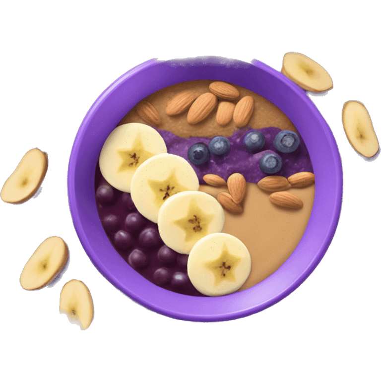 Purple acai bowl layered with peanut butter, banana, almonds emoji