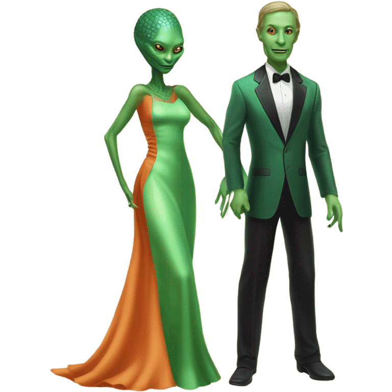 alien reptilian green skin woman, long slim pastel orange formal party satin dress with gradient shiny sparkling dark red, and caucasian man in black dres on his knees asks her to marry her emoji