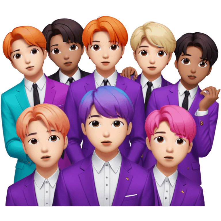 Cinematic Realistic group portrait of BTS featuring all 7 members in stylish modern attire, with detailed facial expressions and vibrant colors, captured in dynamic, contemporary lighting that emphasizes their global pop icon status emoji