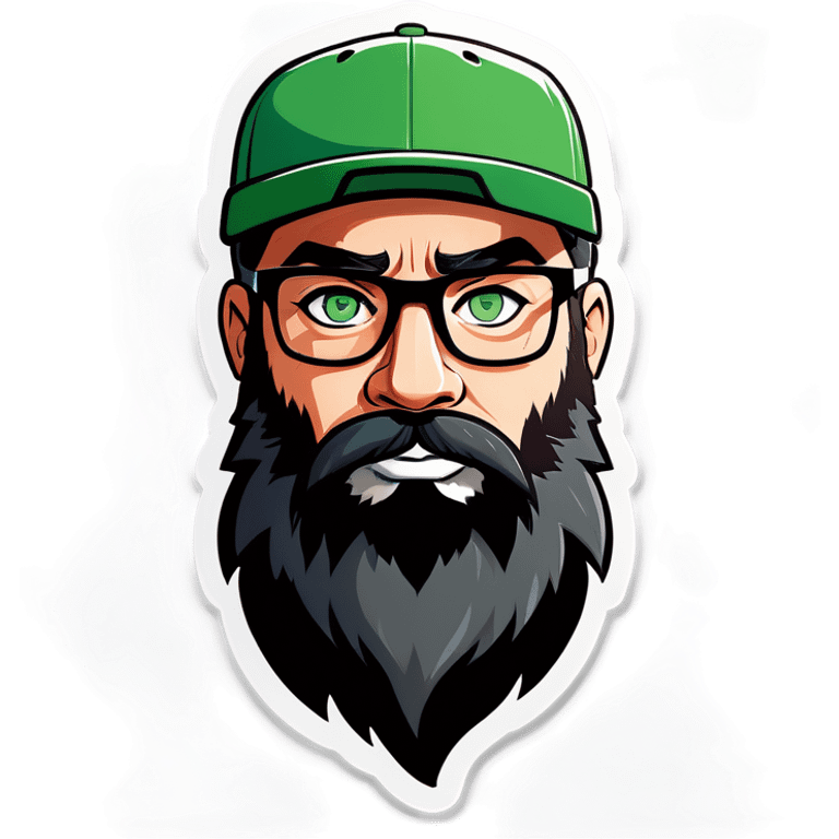 A bold man with a grey baseball cap, green eyes, big beard and glasses with a husky emoji