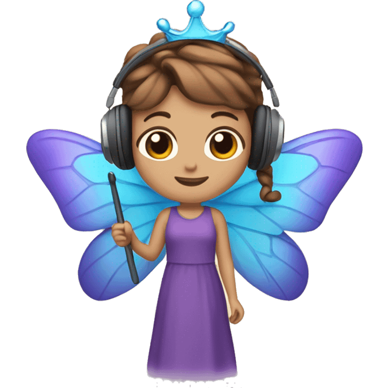 A character with brown hair, purple dress, blue butterfly wings, crown, headphones, and a wand emoji