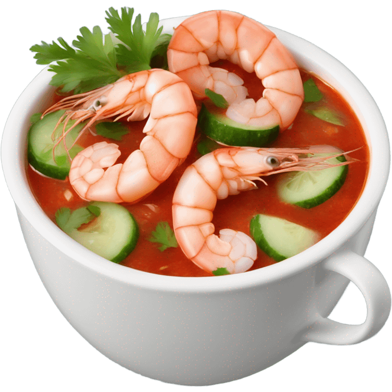 Shrimps in cup with red sauce and cucumber onions cilantro  emoji