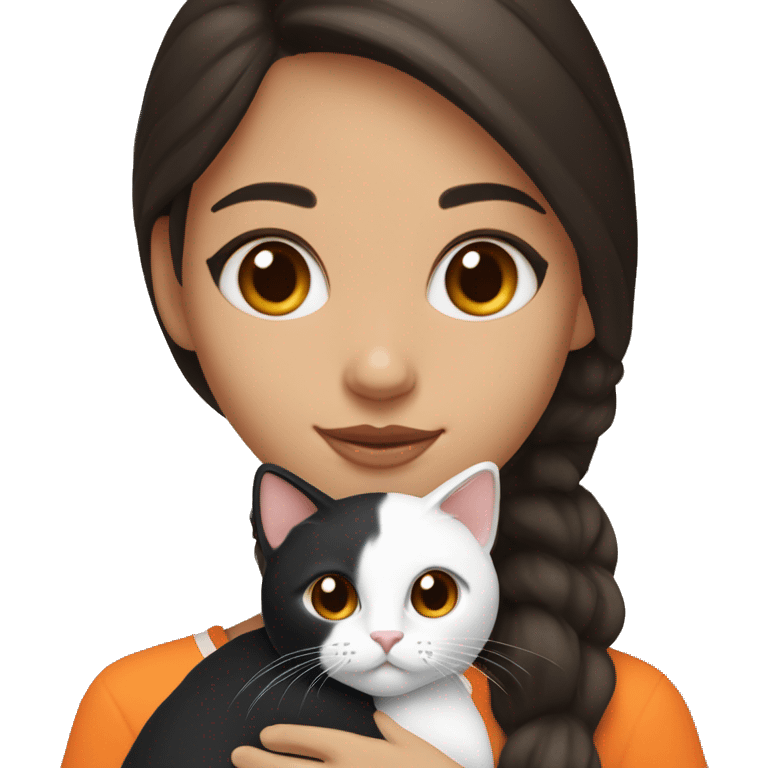 Brunette girl with brown eyes, holding a tricolor  black white and orange cat. Cat hairs are black in one side of its face and orange in the other side. emoji