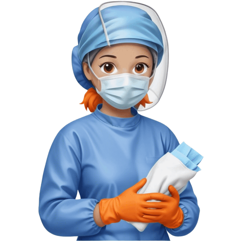 A meticulous cleanroom worker dressed in full protective gear, including a blue sterile suit, a face mask,  and orange gloves.  wipe  in her hand. emoji