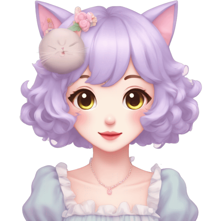 Gorgeous pastel anime style lady with blushing face and cat ears cottagecore fairycore pastelcore colorful pearly romantic simplistic aesthetic trending style full body emoji