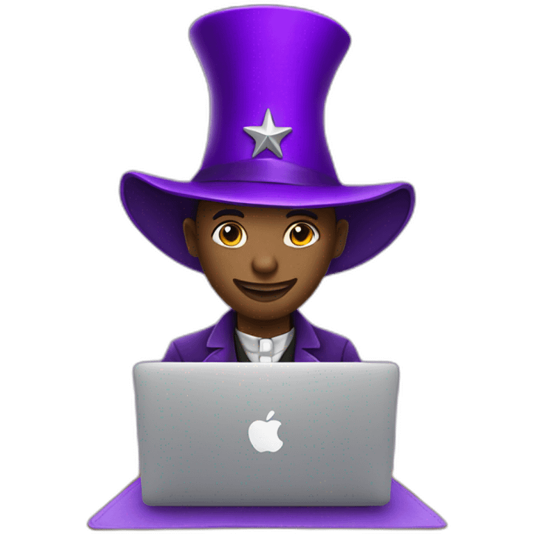 magician with a purple magic hat with a star working on a macbook emoji