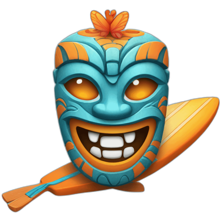 Cartoon Blue and orange smiling tiki with butterfly and surfboard emoji