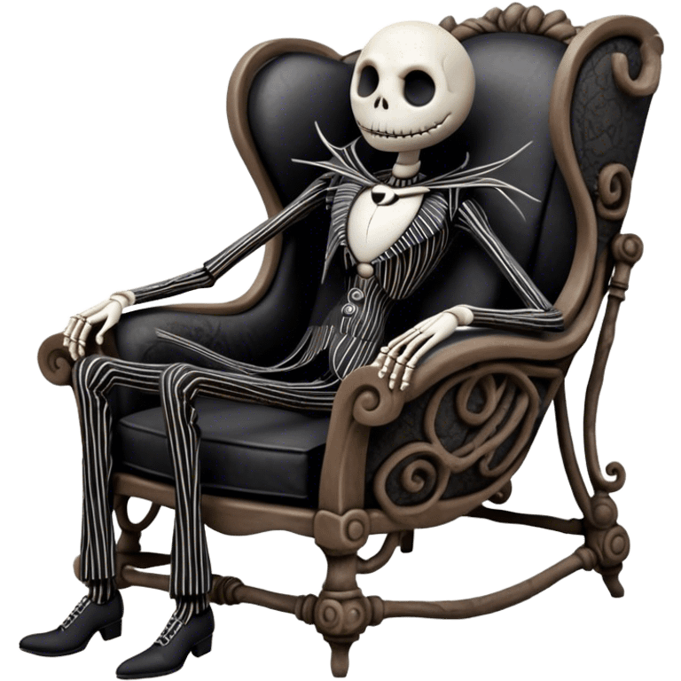 Cinematic 3D ultra realistic 32K HD image of Jack skellington reclining in a boney chair, stunning detail as though captured in a timeless photograph, rich textures, visually rich, so lifelike that it feels like it could leap off the page at any moment emoji