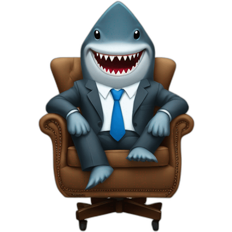 A shark wearing a suit looking straight while sitting in a brown chair with a blue tie emoji