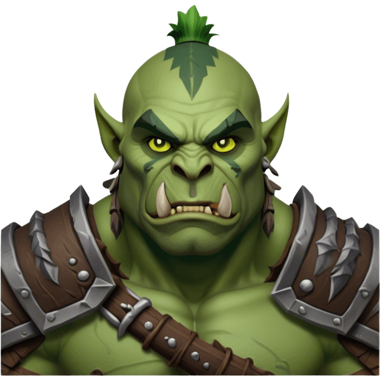 Cinematic Realistic WoW Orc Warrior Portrait, head tilted epicly and inquisitively, showcasing a commanding presence and raw, unyielding power. His battle-hardened green skin and muscular form, accented by meticulously crafted tribal armor in deep earthy hues, are rendered with lifelike clarity and dynamic lighting, high shine, epic and awe-inspiring, embodying the relentless spirit of an orc warrior ready for battle. emoji