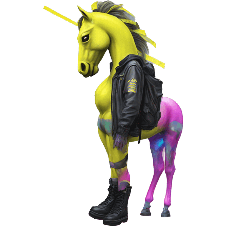 .Zombie_ Vaporwave black holographic oilslick zombie unicorn yellow caution tape graffiti Pegasus with  prosthetic leg  emoji