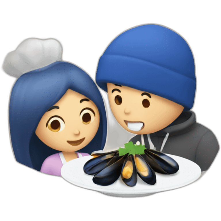 Couple eat mussels with colombe emoji