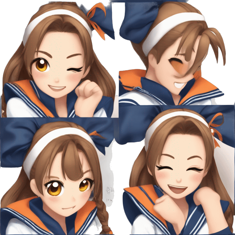 a woman in a sailor outfit blue orange, brown hair in a ponytail, charming sly smile, half body, hair tied in a ponytail, orange shoulder  pads, blue and orange, trending on pixiv, ponytail hair, the hime cut emoji