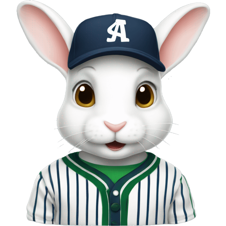 White rabbit wearing white and green stripe sweater and navy baseball cap emoji