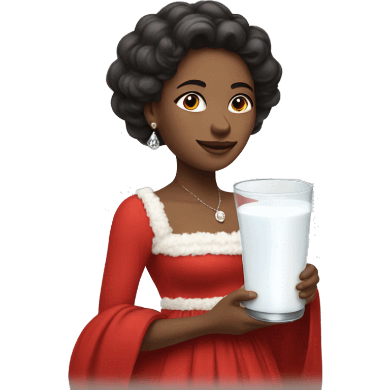 A woman wearing a red dress with white fluff on the hem, holding a fancy glass filled with milk emoji