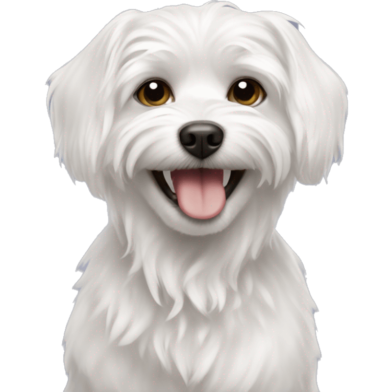 A white Maltese dog around 13 years old slightly smiling with toilet paper clenched in its teeth emoji