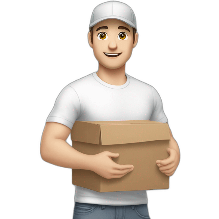 Pale skinned fit Man with dark brown hair in a white cap, gray jeans and gray polo T-shirt keeping a pasted box into his hands emoji