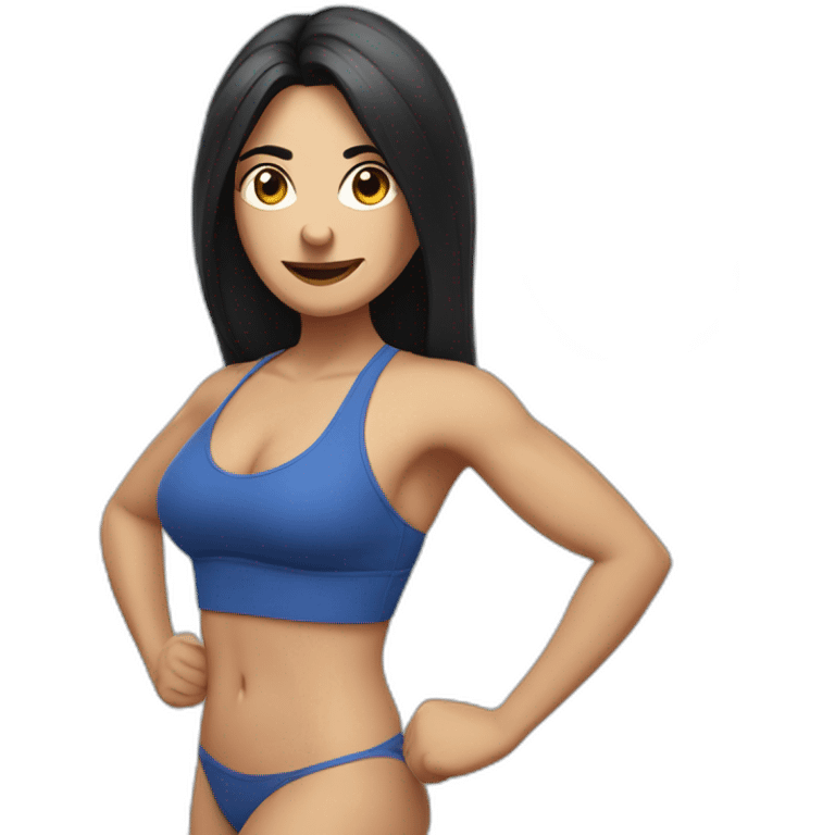 Older Spanish woman with long black hair, in a blue fitness bikini, with a number 5 circle button, flexing emoji