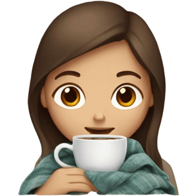 Brown hair Girl drinking coffee, with a cozy blanket emoji