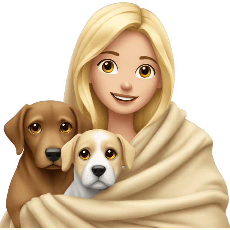 Beautiful blonde girl in a blanket with 2 dogs emoji