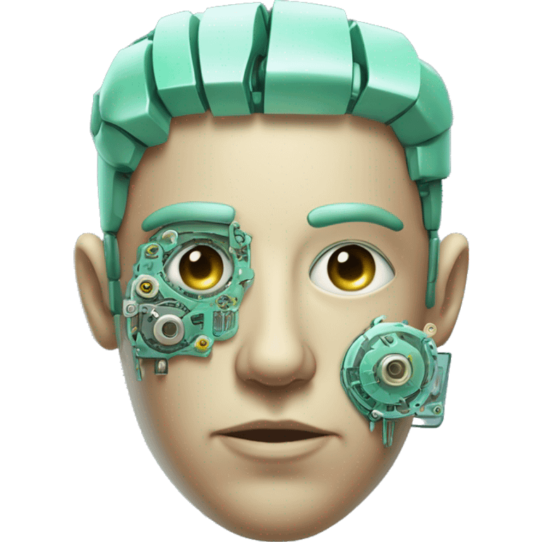 Pastel green haired male cyborg head with monocle and circuitry emoji