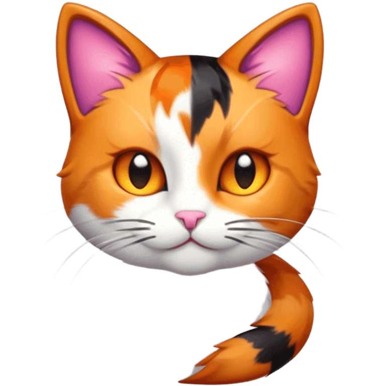 Cinematic Cute Calico Cat Portrait Emoji, Head tilted playfully with sparkling, inquisitive eyes and a charming patchwork fur of orange, black, and white, simplified yet irresistibly adorable, highly detailed, glowing with a warm, inviting glow, high shine, bubbly and affectionate, styled with a touch of whimsical feline charm, soft glowing outline, capturing the essence of a delightfully cute calico cat that looks as if it could prance off the screen into your heart! emoji