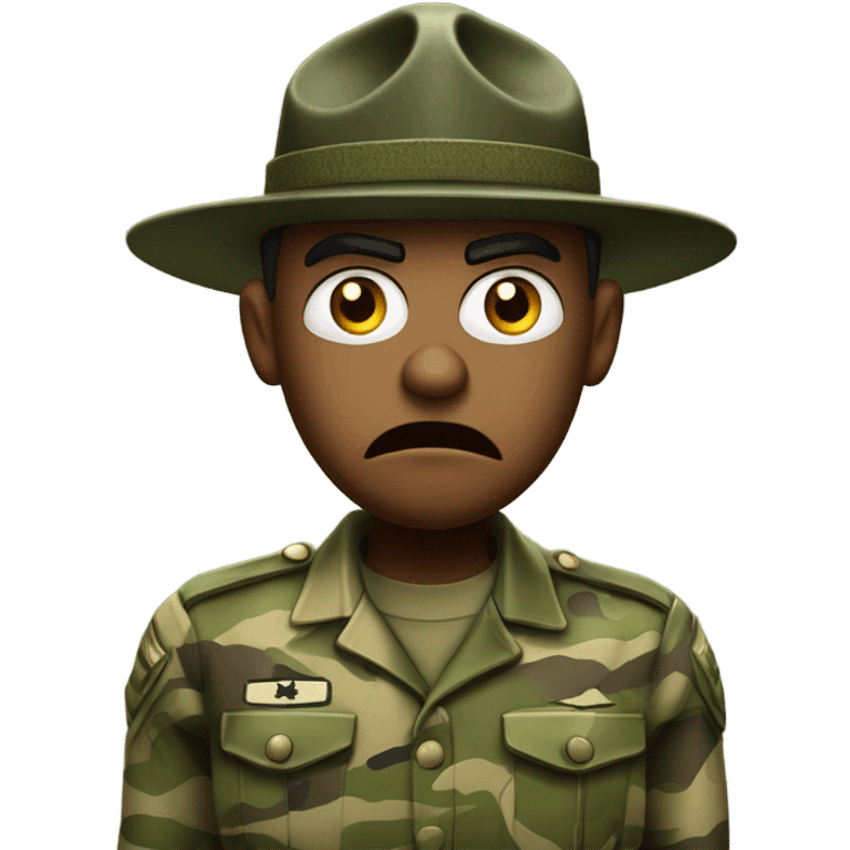 drill sergeant character wearing a classic sergeant hat and a camouflage army shirt. The character should have an angry intense expression. full torso emoji