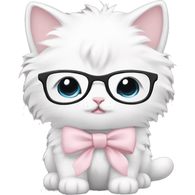 white fluffy chubby kitten with pale pink bow nerdy glasses emoji