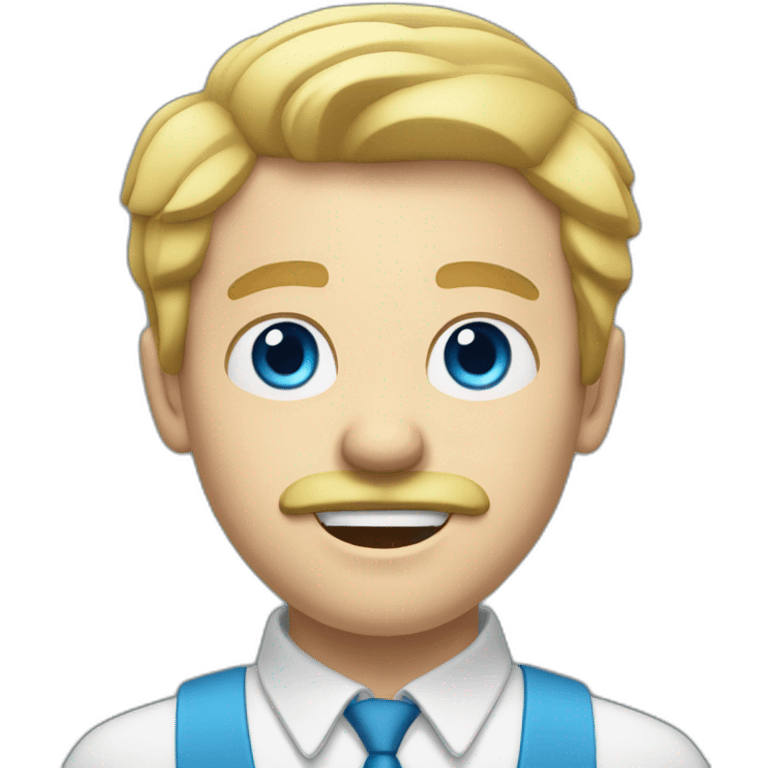 White man with blonde hair and moustache and blue eyes with slightly open mouth facing emoji