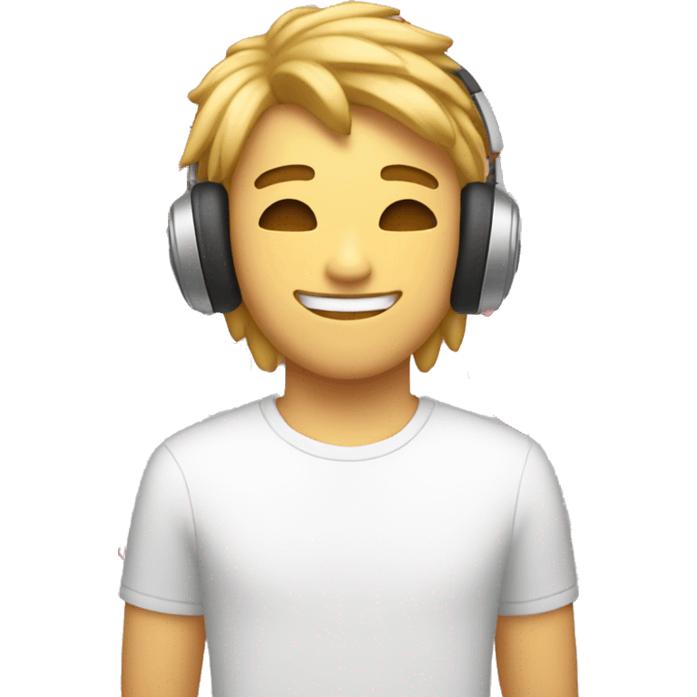 white 20yo guy, wearing a headphone, having a curtain mullet hair, smiling with closed eyes and holding a heart emoji