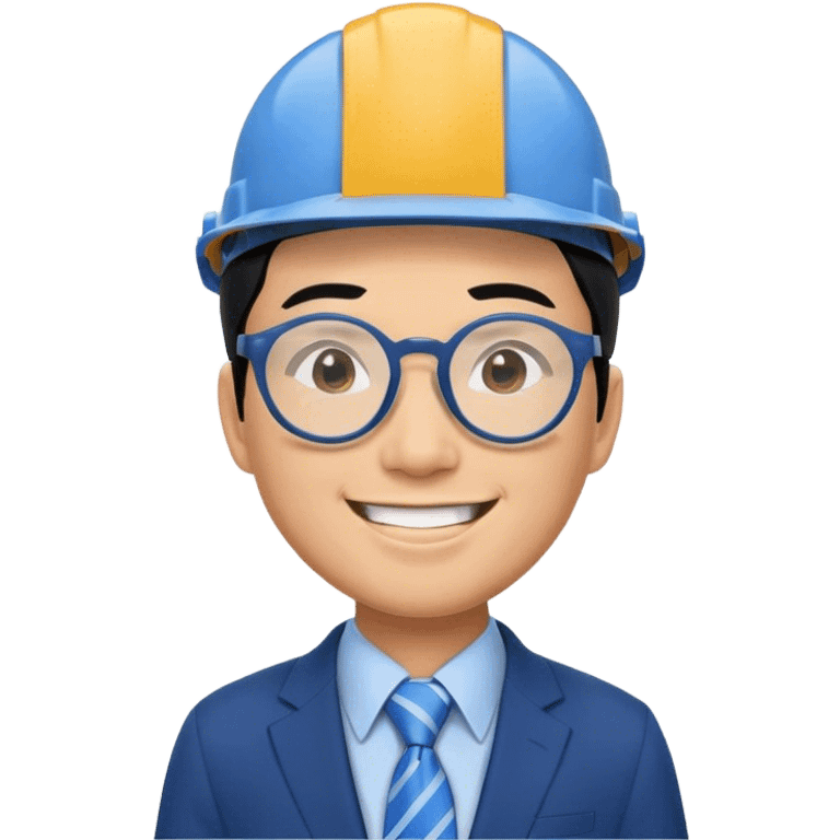 Young Business man with Black hair and round Glases, smiling, asian, blaue suit, with tie, in a construction helmet emoji