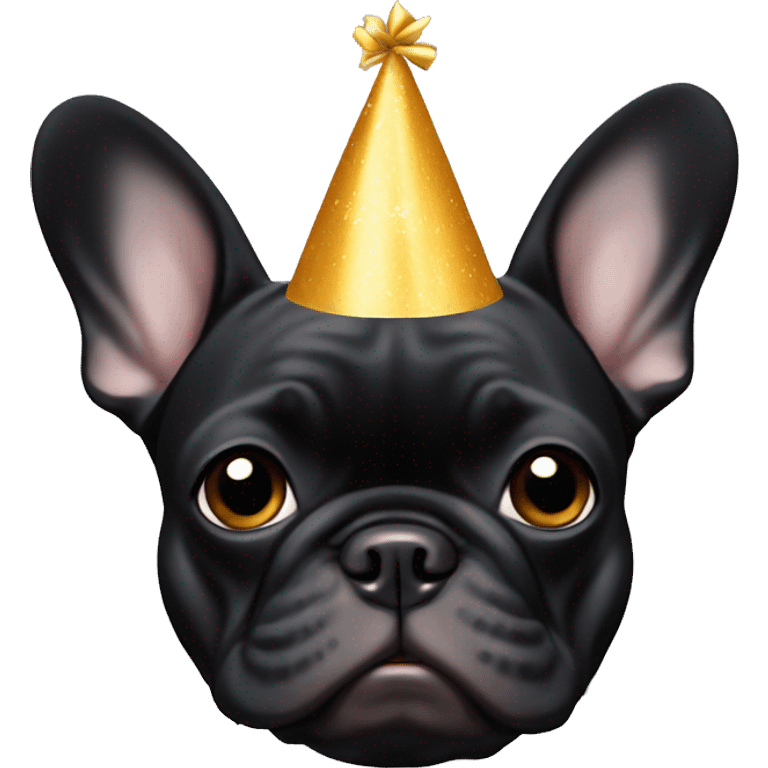 an all-black French bulldog with a white breast in a birthday cap emoji