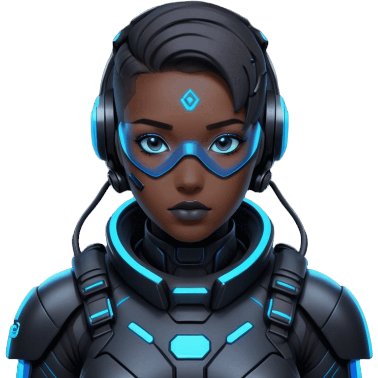 A futuristic cyberpunk soldier, black exosuit, neon blue accents emoji