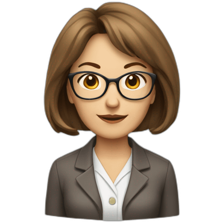 middle-aged accounting woman with middle length brown hairs, a bang, glasses and a loop emoji