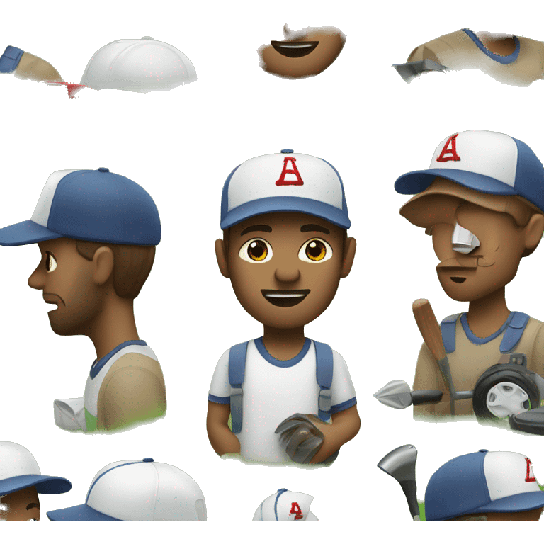 man with brown hair, a baseball hat, mowing the lawn, talking on the phone  emoji