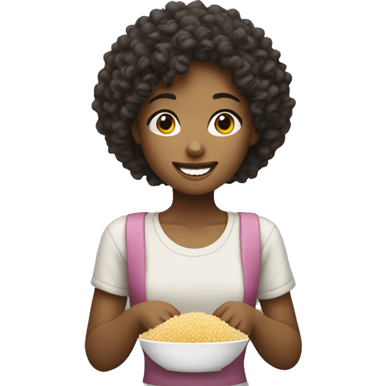 a curly haired girl eating rice  emoji