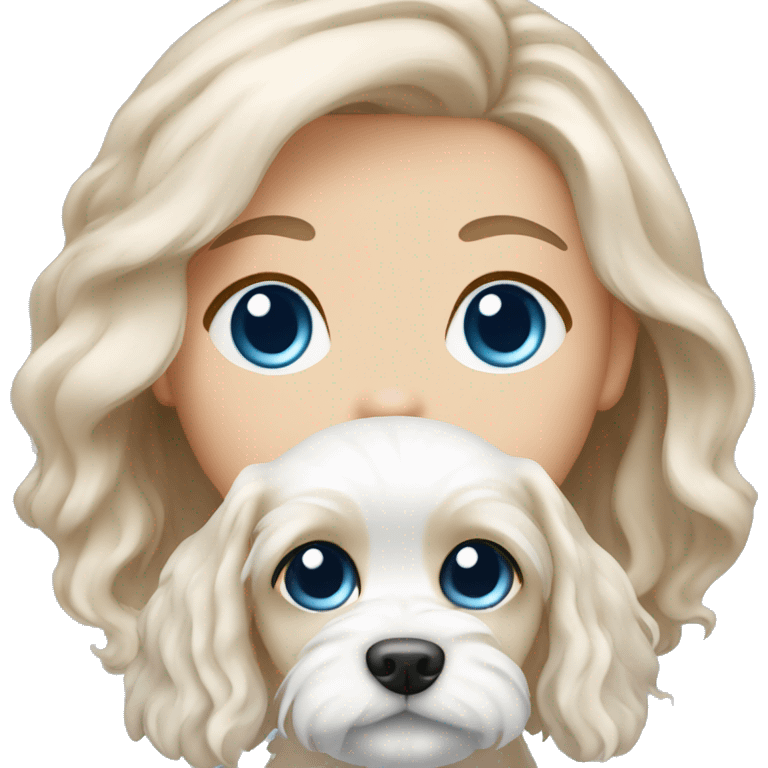 Maltese puppy with light skin  girl owner long wavy hair an blue eyes  emoji