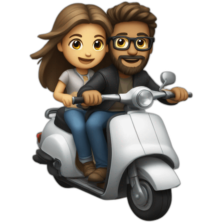 Boy with long hair, beard, and glasses, riding a black scooter with a girl on the back emoji