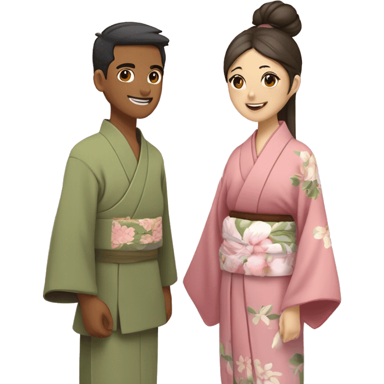 asian couple in kimono - man wearing kimono with olive green inside and brown outside and beige fabric belt, woman with long hair in bun with accessories wearing light pink kimono with pastel florals of different colors emoji