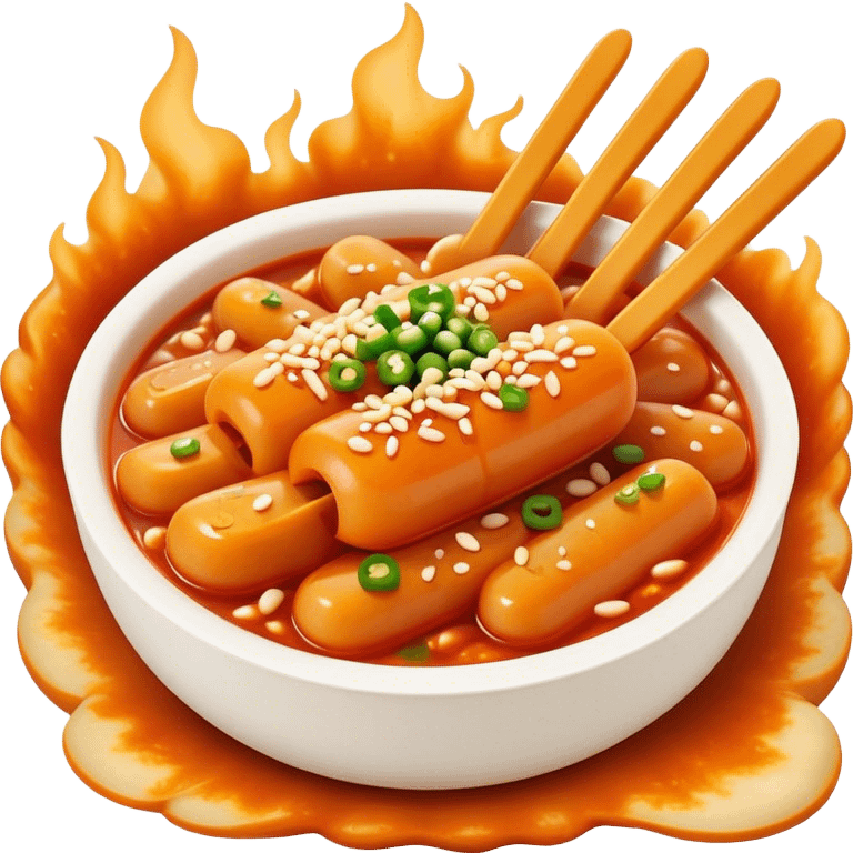 Cinematic Realistic Tteokbokki Dish Emoji, showcasing spicy, chewy rice cakes in a fiery sauce rendered with lifelike detail and bold, dynamic lighting. emoji