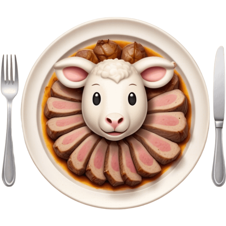 Roast Lamb Cinematic Realistic Roast Lamb Dish Emoji, depicted as thinly sliced roast lamb arranged artfully on a plate, rendered with rich textures and warm, inviting lighting. emoji