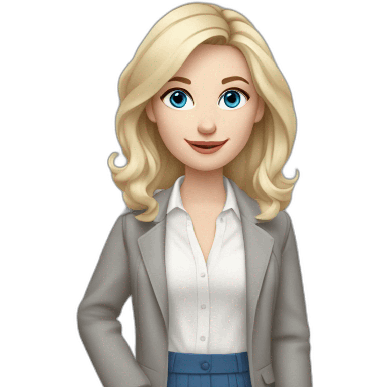 pale skin woman interior designer with cold blonde middle length hair, blue eyes, White blouse, Gray oversize jacket, Gray skirt holding a color palette in the hands emoji